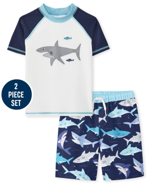 Boys Short Sleeve Shark Rashguard And Shark Print Swim Shorts Set - Splish-Splash