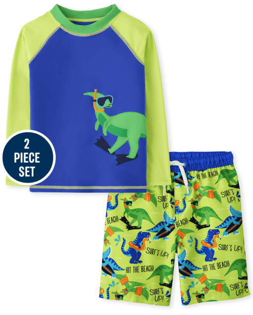 Boys Long Sleeve Dino Rashguard And Dino Print Swim Shorts Set - Splish-Splash