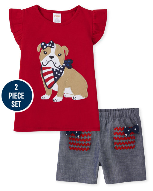 Conjunto de top de aleteo de bulldog bordado de manga corta para niñas y pantalones cortos de chambray bordados con ribete Ric Rac Flag - American Cutie