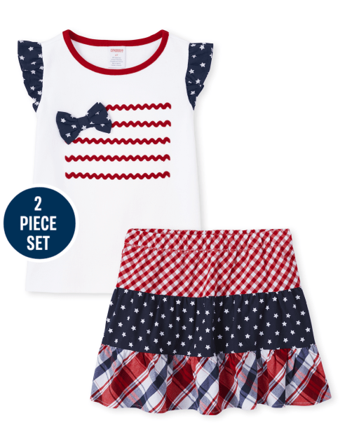 Girls Short Sleeve Embroidered Ric Rac Trim Flag Flutter Top And Gingham Star Print And Plaid Poplin Woven Tiered Skort Set - American Cutie