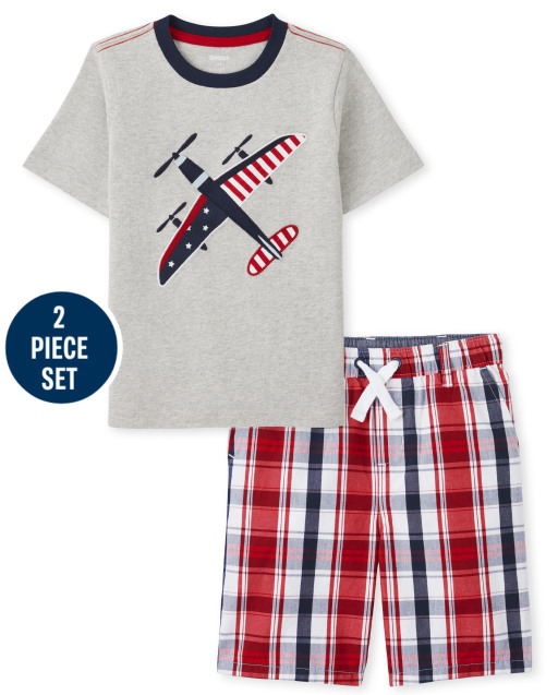 Boys Short Sleeve Embroidered Airplane Top And Plaid Poplin Woven Pull On Shorts Set - American Cutie