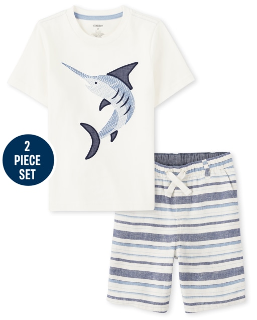 Conjunto de top de pez espada bordado de manga corta para niños y pantalones cortos tejidos de lino a rayas - Blue Skies