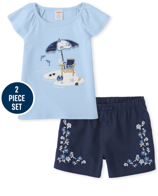 Girls Short Sleeve Embroidered Beach Top And Embroidered Floral Woven Shorts - Blue Skies