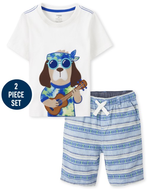 Conjunto de camiseta de manga corta con bordado de perro y pantalones cortos tejidos a rayas de lino para niños - Festival de música