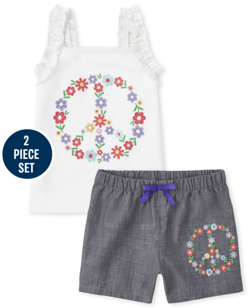 Girls Sleeveless Embroidered Peace Ruffle Top And Embroidered Peace Chambray Shorts Set - Music Festival
