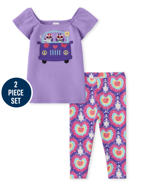 Conjunto de mallas capri de punto con estampado de corazones y estampado de corazones de manga corta con bordado Van Puff para niñas - Music Festival