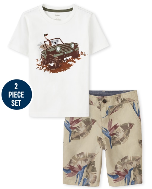 Conjunto de pantalón corto de punto con estampado de hojas y top de jeep bordado de manga corta para niños - Outback Adventure
