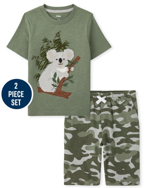 Boys Short Sleeve Embroidered Koala Top And Camo Print Knit Pull On Shorts Set - Outback Adventure