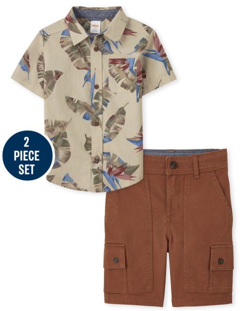 Conjunto de camisa de manga corta con botones y estampado de hojas para niños y pantalones cortos cargo tejidos - Outback Adventure
