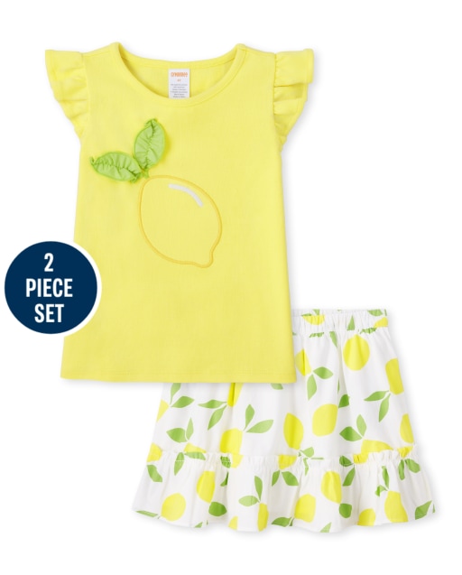 Girls Short Sleeve Embroidered Lemon Flutter Top And Lemon Print Poplin Woven Ruffle Skort Set - Citrus & Sunshine
