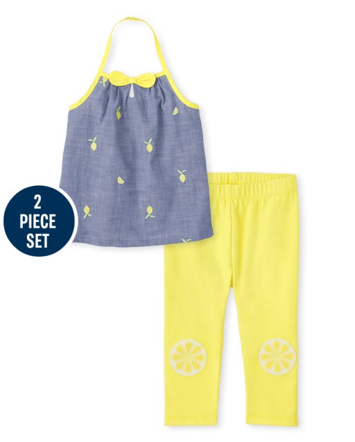 Conjunto de top halter de chambray tejido limón bordado sin mangas para niñas y leggings capri de punto limón - Citrus & Sunshine
