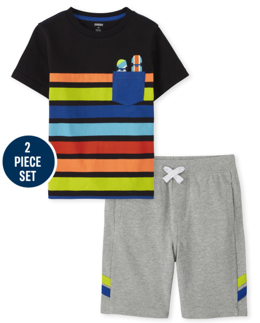 Boys Short Sleeve Striped Pocket Tee And Side Stripe French Terry Knit Pull On Shorts Set - Stunt Master