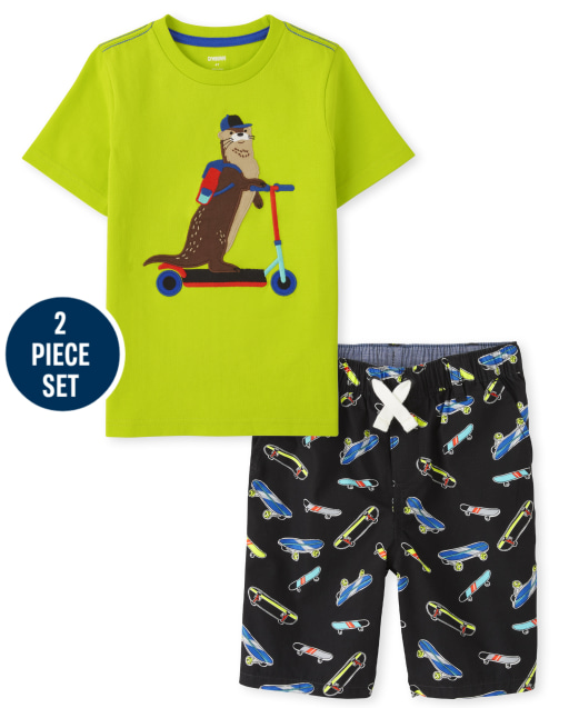 Boys Short Sleeve Embroidered Scooter Top And Skateboard Print Poplin Woven Pull On Shorts Set - Stunt Master
