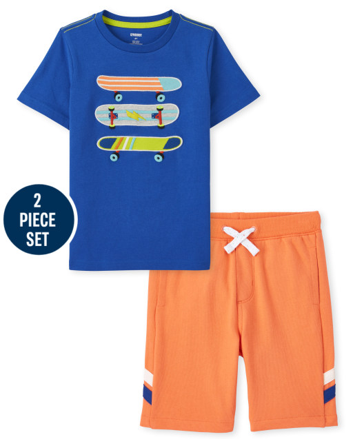 Boys Short Sleeve Embroidered Skateboard Top And Side Stripe French Terry Knit Pull On Shorts Set - Stunt Master