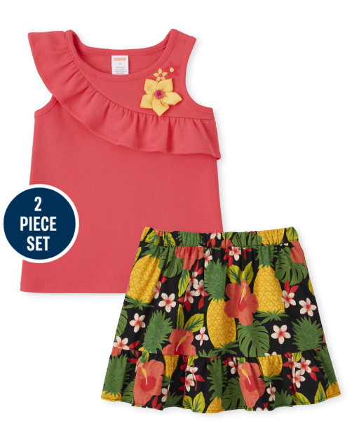Conjunto de top sin mangas con volantes florales y falda pantalón tejida con volantes con estampado de piña - Pineapple Punch