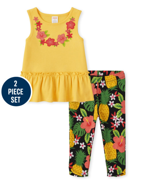 Conjunto de top con volante floral bordado sin mangas para niña y leggings capri de punto con estampado de piña - Pineapple Punch