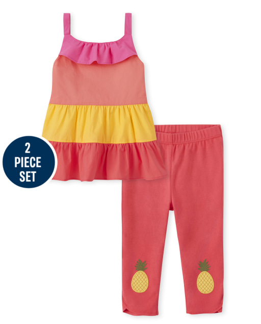 Girls Sleeveless Colorblock Poplin Woven Tiered Top And Pineapple Knit Capri Leggings Set - Pineapple Punch