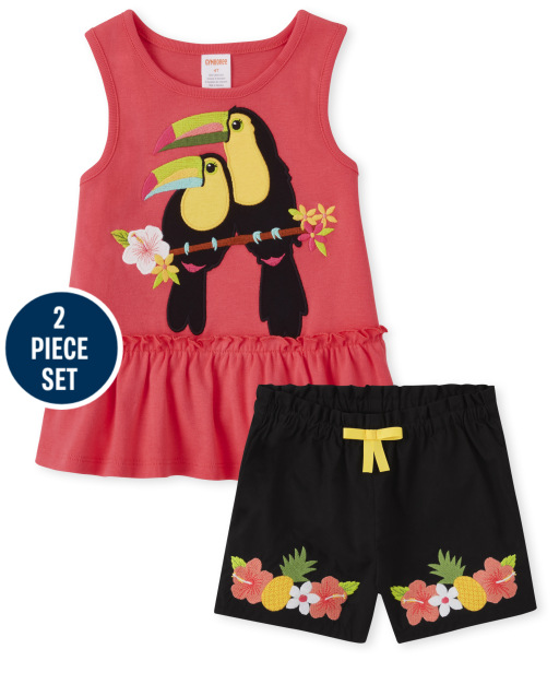 Conjunto de top sin mangas con volantes de tucán bordado y shorts tejidos de popelina con flores bordadas para niña - Pineapple Punch