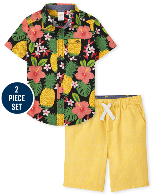 Boys Short Sleeve Pineapple Button Shirt And Pull On Shorts Set - Pineapple Punch