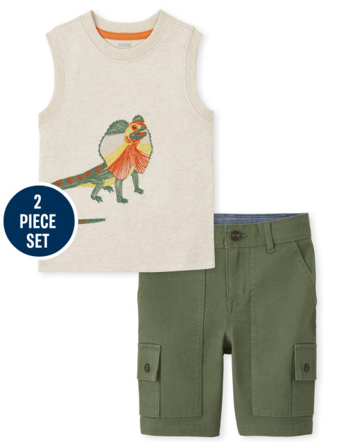 Conjunto de camiseta sin mangas con estampado de lagarto bordado y pantalón corto tejido para niños - Outback Adventure