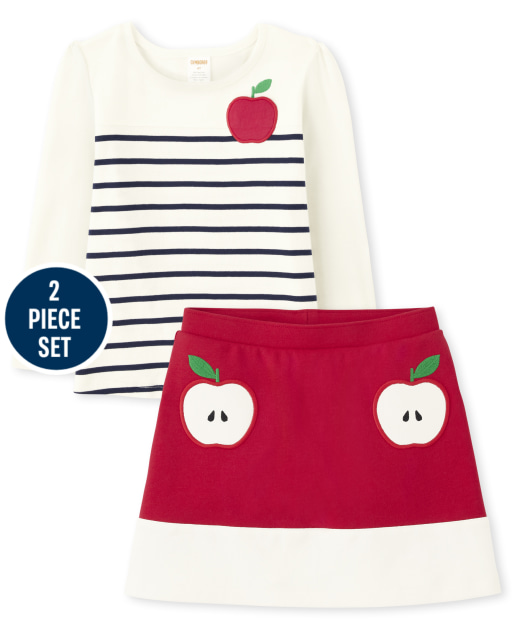 Girls Long Sleeve Striped Embroidered Apple Top And Applique Apple Ponte Knit Skort Set - Head of the Class