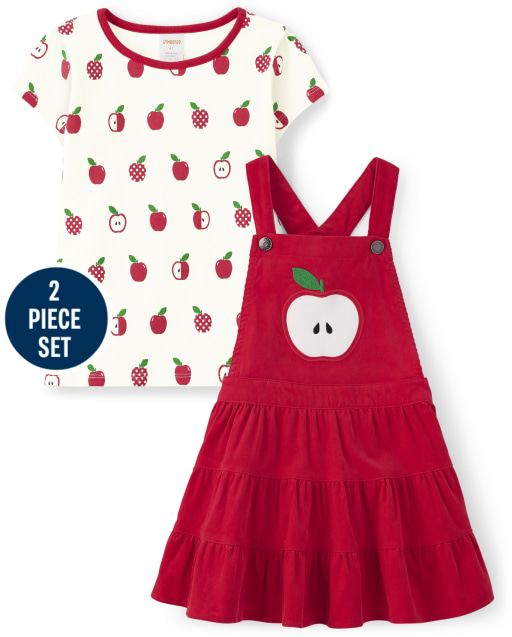 Girls Sleeveless Embroidered Apple Corduroy Skirtall And Short Sleeve Apple Print Top Set - Head of the Class