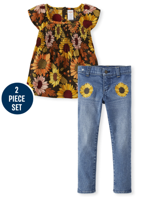 Girls Short Sleeve Sunflower Flannel Ruffle Top And Embroidered Sunflower Denim Pants Set - Autumn Harvest
