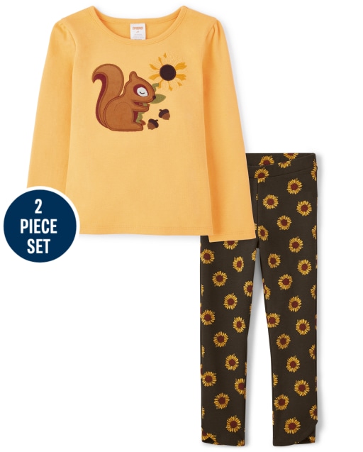 Girls Embroidered Squirrel Top And Sunflower Ponte Jeggings Set - Autumn Harvest