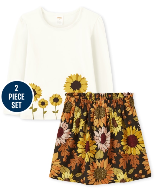 Girls Long Sleeve Embroidered Sunflower Top And Sunflower Print Flannel Skort Set - Autumn Harvest