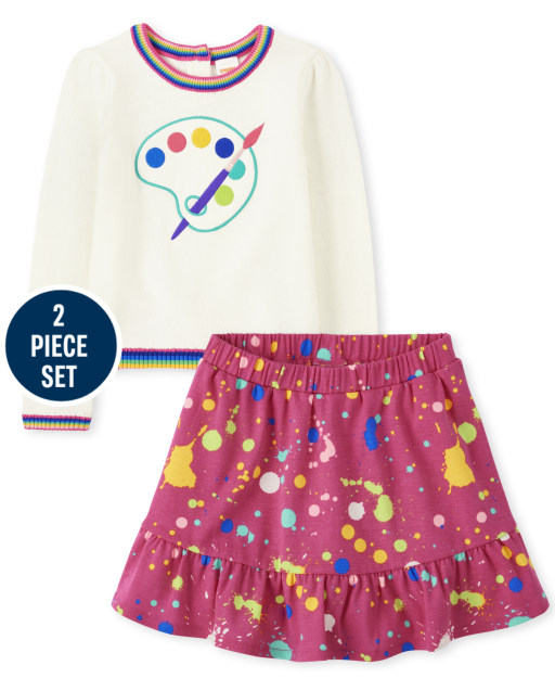 Girls Long Sleeve Embroidered Paint Sweater And Paint Splatter Print Skort Set - Future Artist