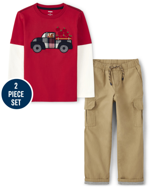 Boys Long Sleeve Embroidered Truck Layered Top And Poplin Cargo Pants Set - Head of the Class