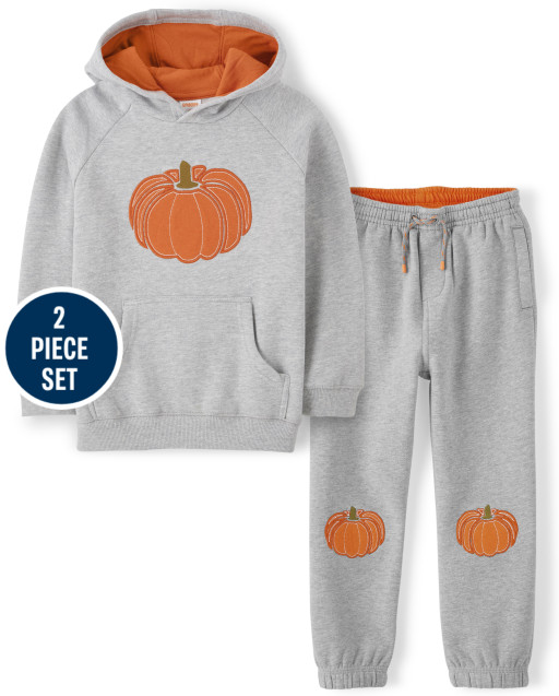 Boys Long Sleeve Embroidered Pumpkin Hoodie And Embroidered Pumpkin Pull On Jogger Pants Set - Perfect Pumpkin