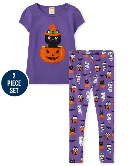 Girls Embroidered Cat Top And Girls Cat Leggings Set - Trick or Treat