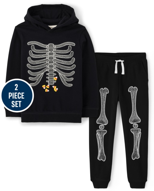 Boys Long Sleeve Embroidered Skeleton Hoodie And Embroidered Skeleton Pull On Fleece Jogger Pants - Trick or Treat