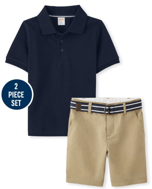 Boys Short Sleeve Polo Shirt with Stain Resistance And Belted Woven Chino Shorts with Stain and Wrinkle Resistance - Uniform
