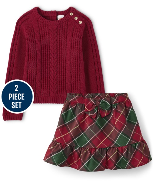 Girls Cable Knit Sweater And Plaid Ruffle Skirt Set - Holiday Traditions