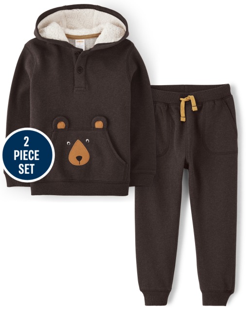 Boys Embroidered Bear Hoodie And Fleece Pull On Pants Set - S'more Fun