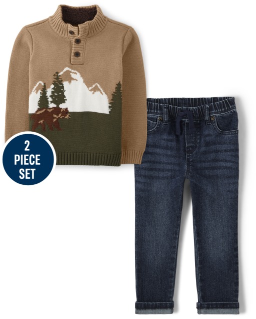 Boys Long Sleeve Embroidered Mountain Sweater And Pull On Jeans Set - S'more Fun