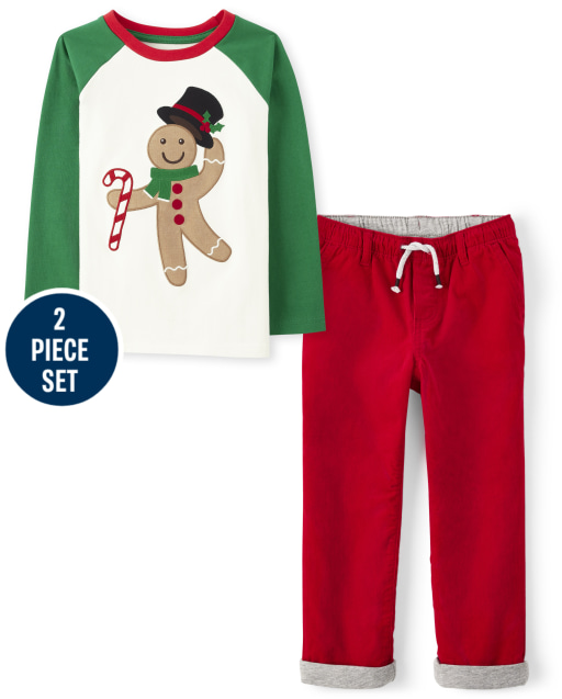 Boys Long Sleeve Embroidered Gingerbread Raglan Top And Corduroy Pull On Pants Set - Holiday Express