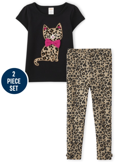 Girls Embroidered Cat Top And Leopard Ponte Pants Set - Purrrfect in Pink