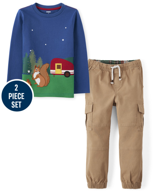Boys Long Sleeve Embroidered Squirrel Top And Twill Pull On Cargo Pants Set - S'more Fun