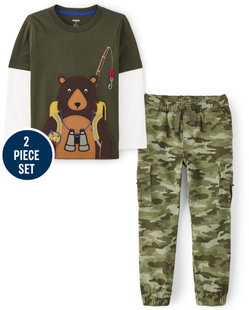 Boys Embroidered Bear Layered Top And Pull On Cargo Pants Set - S'more Fun