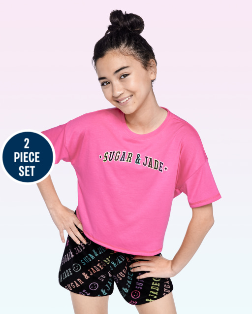 Conjunto de pijama de manga corta con logo para chicas adolescentes