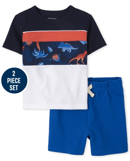 Toddler Boys Mix And Match Short Sleeve Colorblock Dino Top And Knit Shorts 2-Piece Set