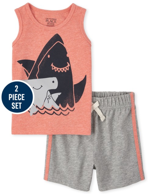 Toddler Boys Mix And Match Sleeveless Shark Tank Top And Side Strip Knit Shorts 2-Piece Set