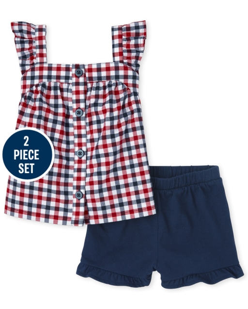Toddler Girls Americana Sleeveless Plaid Ruffle Poplin Button Down Shirt And Knit Ruffle Shorts 2-Piece Set