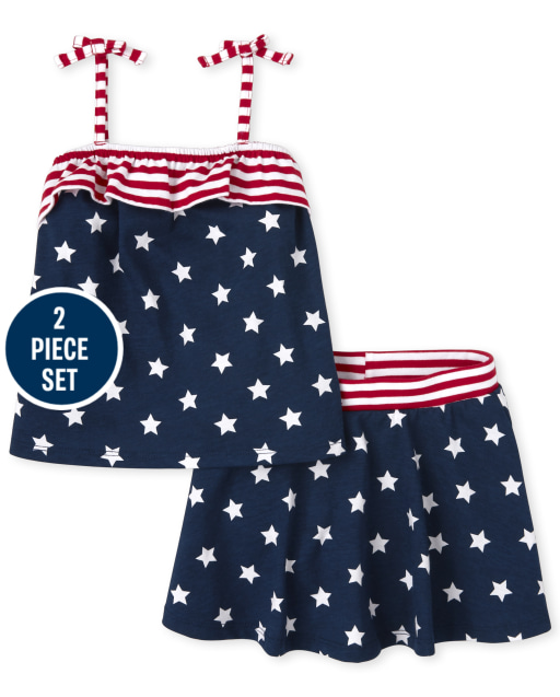 Toddler Girls Americana Sleeveless Star Print Ruffle Top And Star Print Knit Skort 2-Piece Set