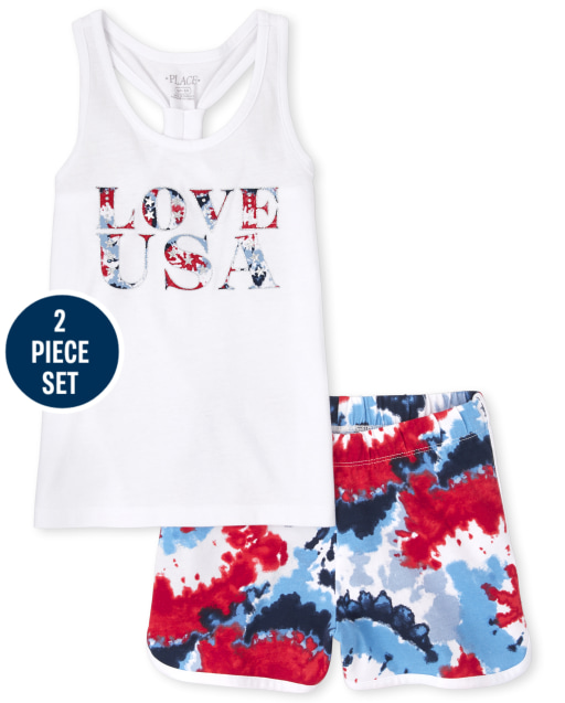 Conjunto de 2 piezas de camiseta sin mangas con estampado de teñido anudado "Love USA" para niña y pantalón corto de delfín tejido con teñido anudado de 2 piezas