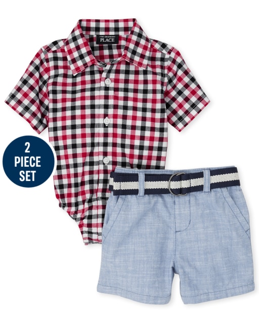 Baby Boys Dad And Me Americana Short Sleeve Poplin Button Down Bodysuit And Belted Woven Chino Shorts 2-Piece Set