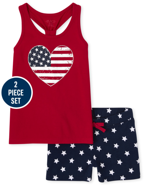Conjunto de 2 piezas de camiseta sin mangas con corazón de bandera americana para niñas y pantalones cortos de punto con estampado de estrellas
